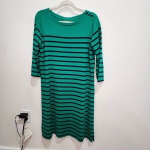 L.L.Bean  Green and Black Striped Long Sleeve Dress